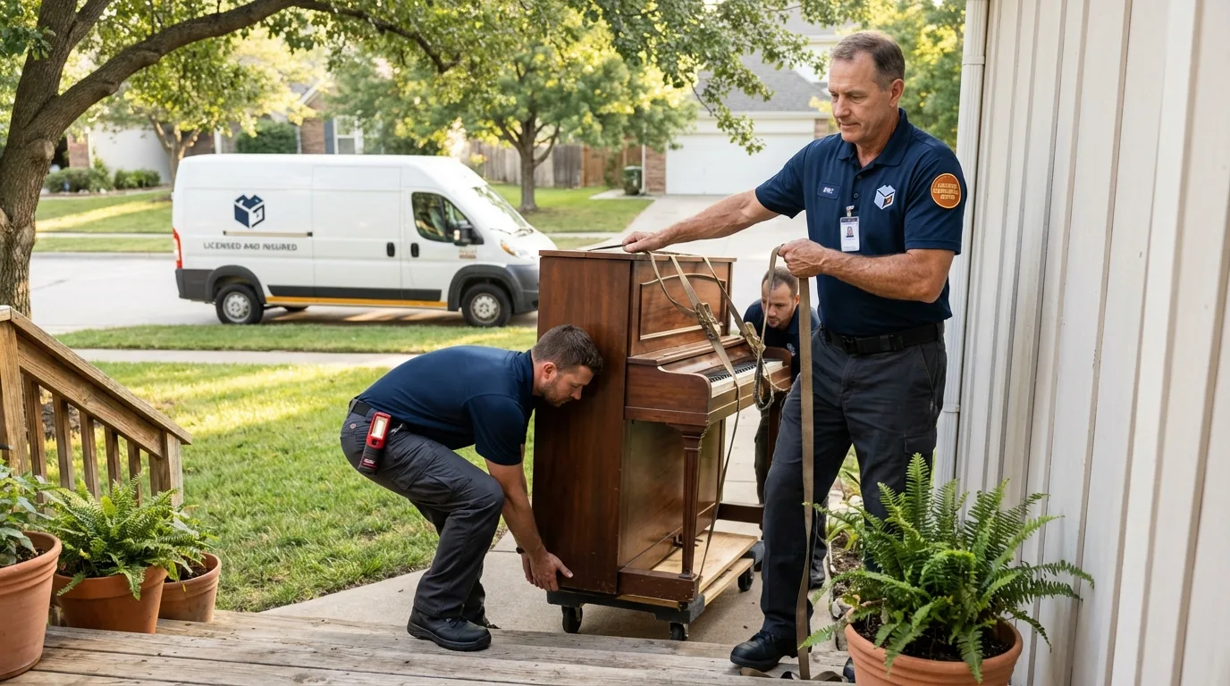 Licensed piano movers securing grand piano in Atkinson, NH